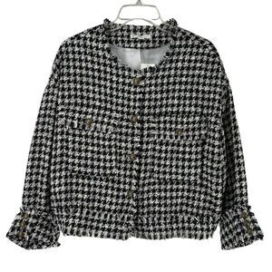 Cato Cropped Collarless Blazer Jacket Houndstooth Tweed L Black White Preppy Top